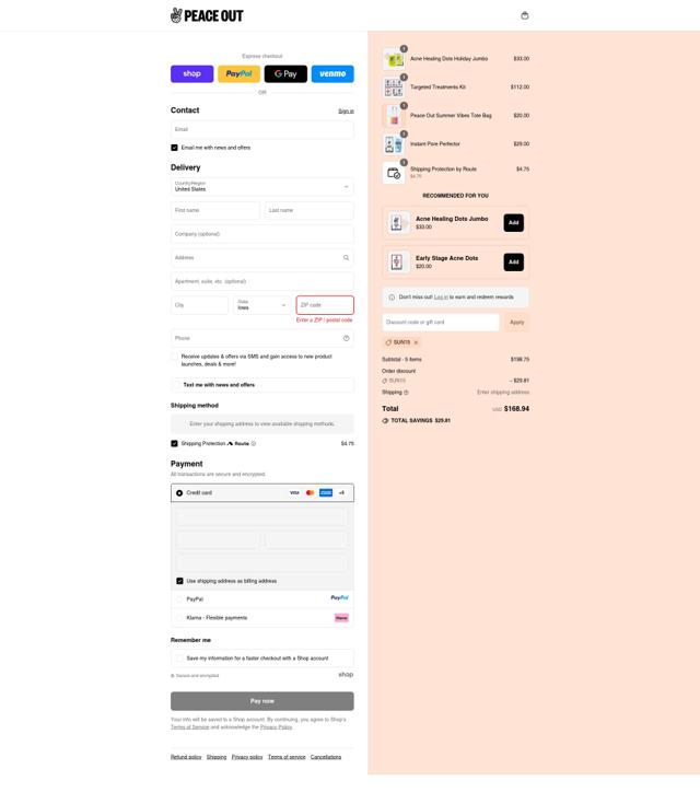 Peace Out Skincare checkout page showing Peace Out Skincare promo code box | Screenshot taken by SimplyCodes community member on Sep 15, 2025