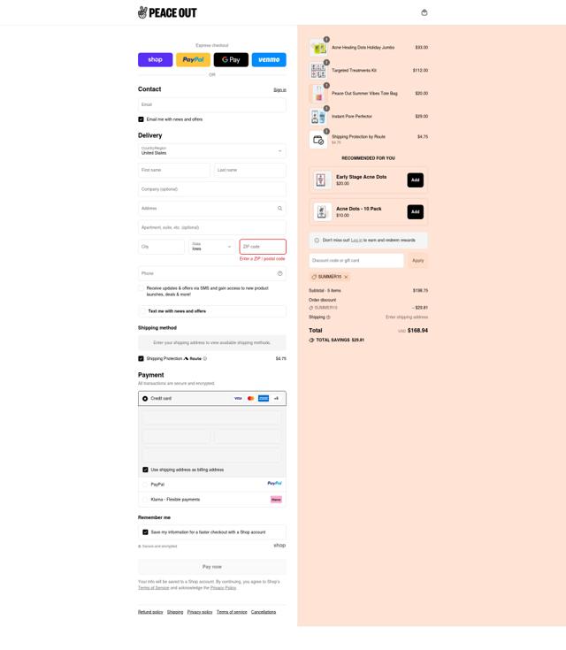Peace Out Skincare checkout page showing Peace Out Skincare promo code box | Screenshot taken by SimplyCodes community member on Sep 15, 2025