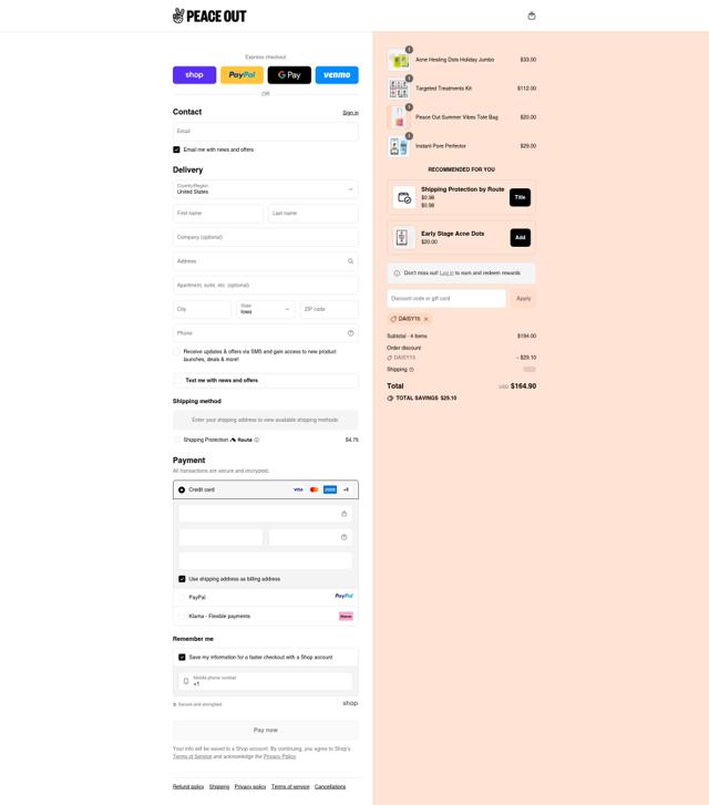Peace Out Skincare checkout page showing Peace Out Skincare promo code box | Screenshot taken by SimplyCodes community member on Sep 15, 2025