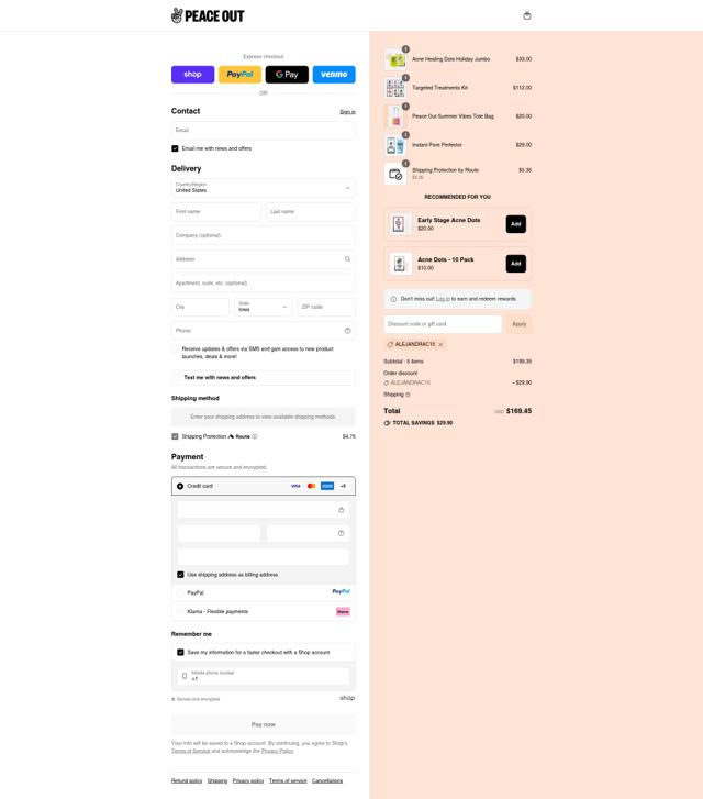 Peace Out Skincare checkout page showing Peace Out Skincare promo code box | Screenshot taken by SimplyCodes community member on Sep 15, 2025