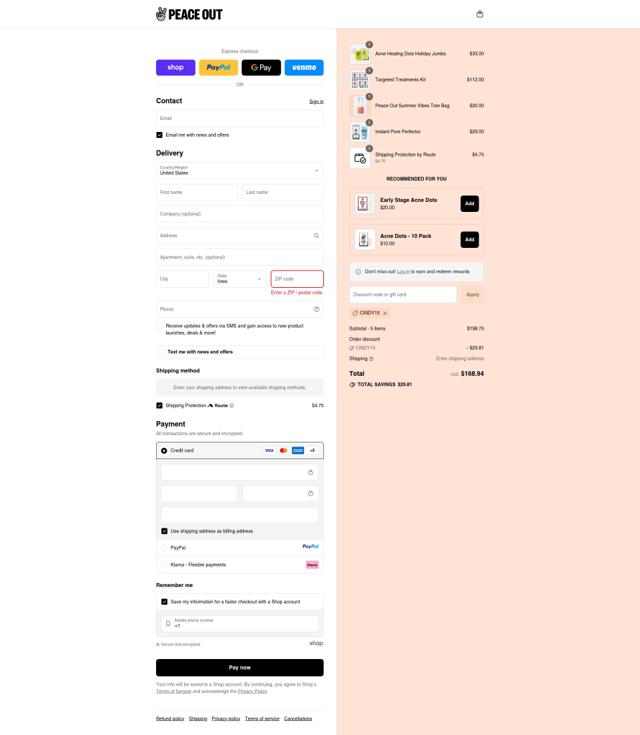 Peace Out Skincare checkout page showing Peace Out Skincare promo code box | Screenshot taken by SimplyCodes community member on Sep 15, 2025