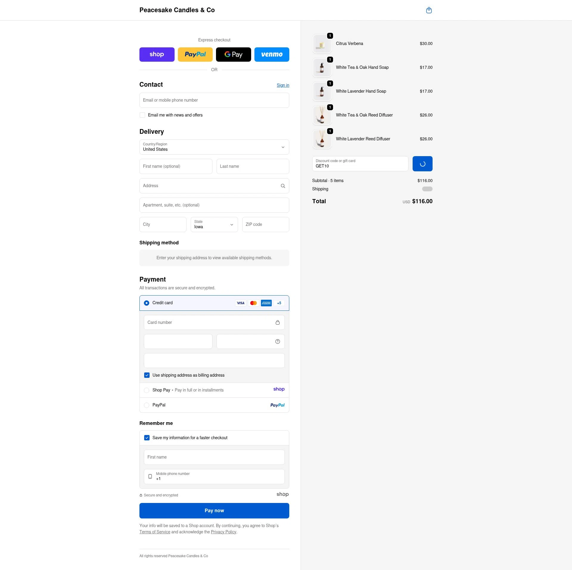 Peacesake Candles & Co. checkout page showing Peacesake Candles & Co. promo code box | Screenshot taken by SimplyCodes community member on Jan 5, 2026