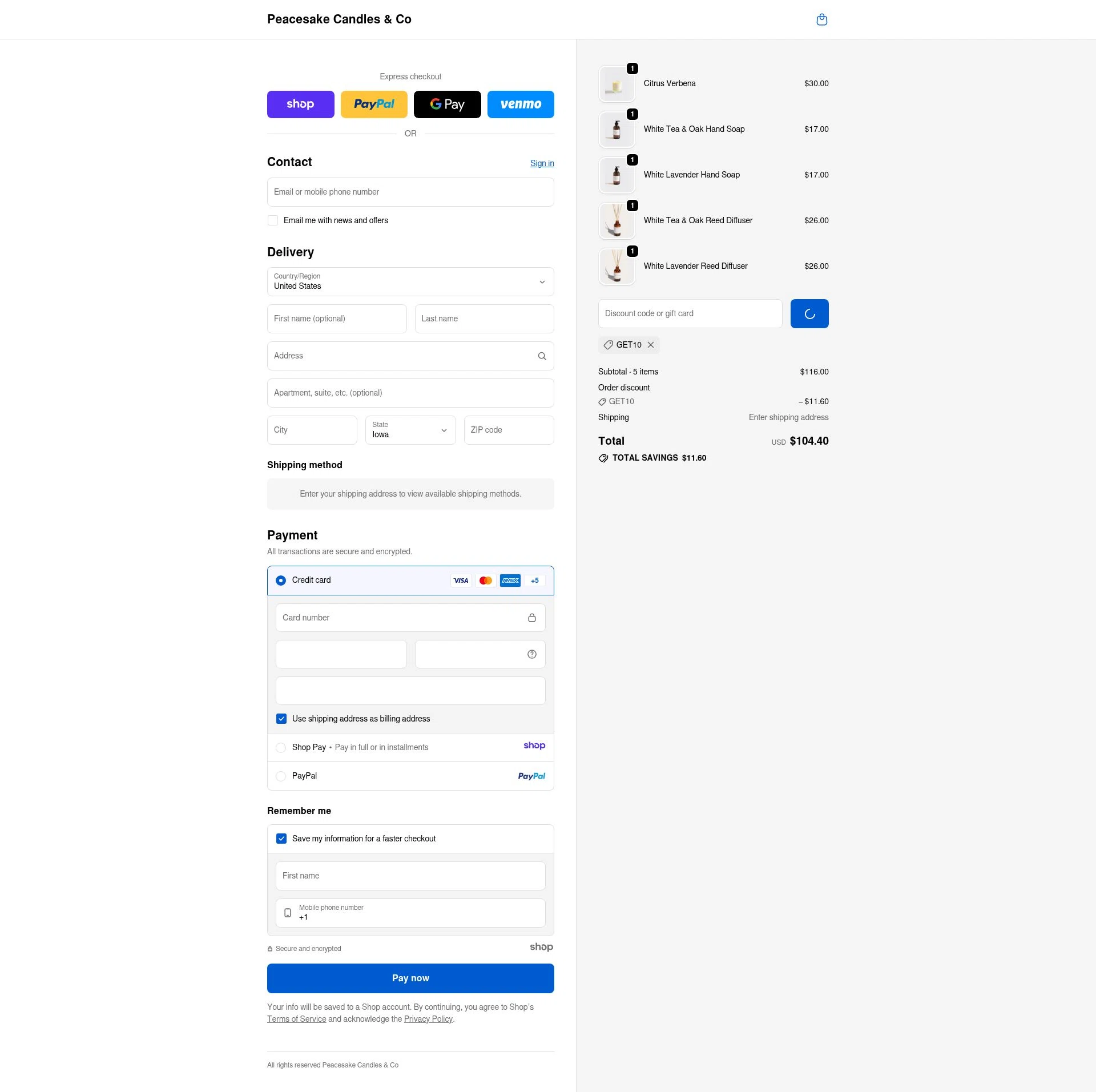 Peacesake Candles & Co. checkout page showing Peacesake Candles & Co. promo code box | Screenshot taken by SimplyCodes community member on Dec 31, 2025