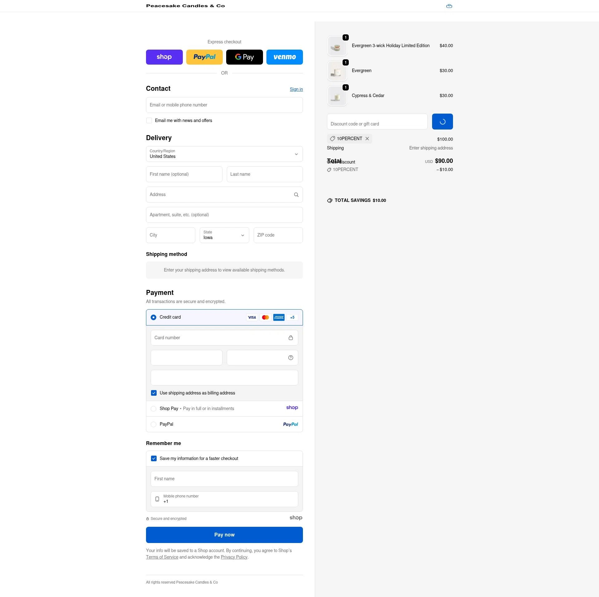 Peacesake Candles & Co. checkout page showing Peacesake Candles & Co. promo code box | Screenshot taken by SimplyCodes community member on Dec 21, 2025