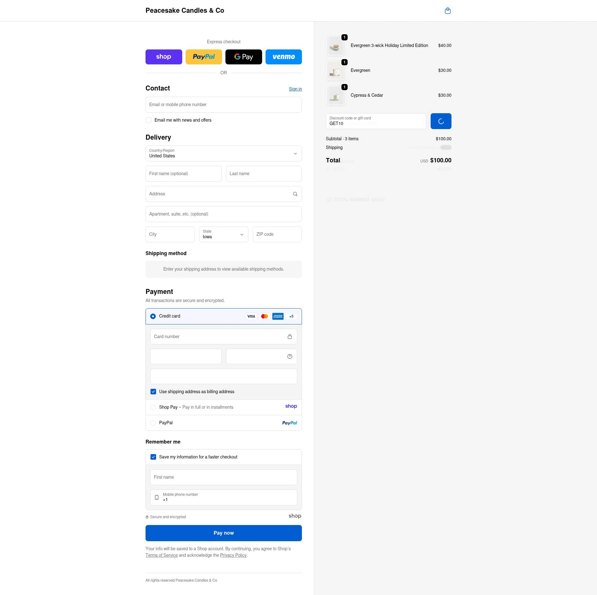 Peacesake Candles & Co. checkout page showing Peacesake Candles & Co. promo code box | Screenshot taken by SimplyCodes community member on Dec 21, 2025
