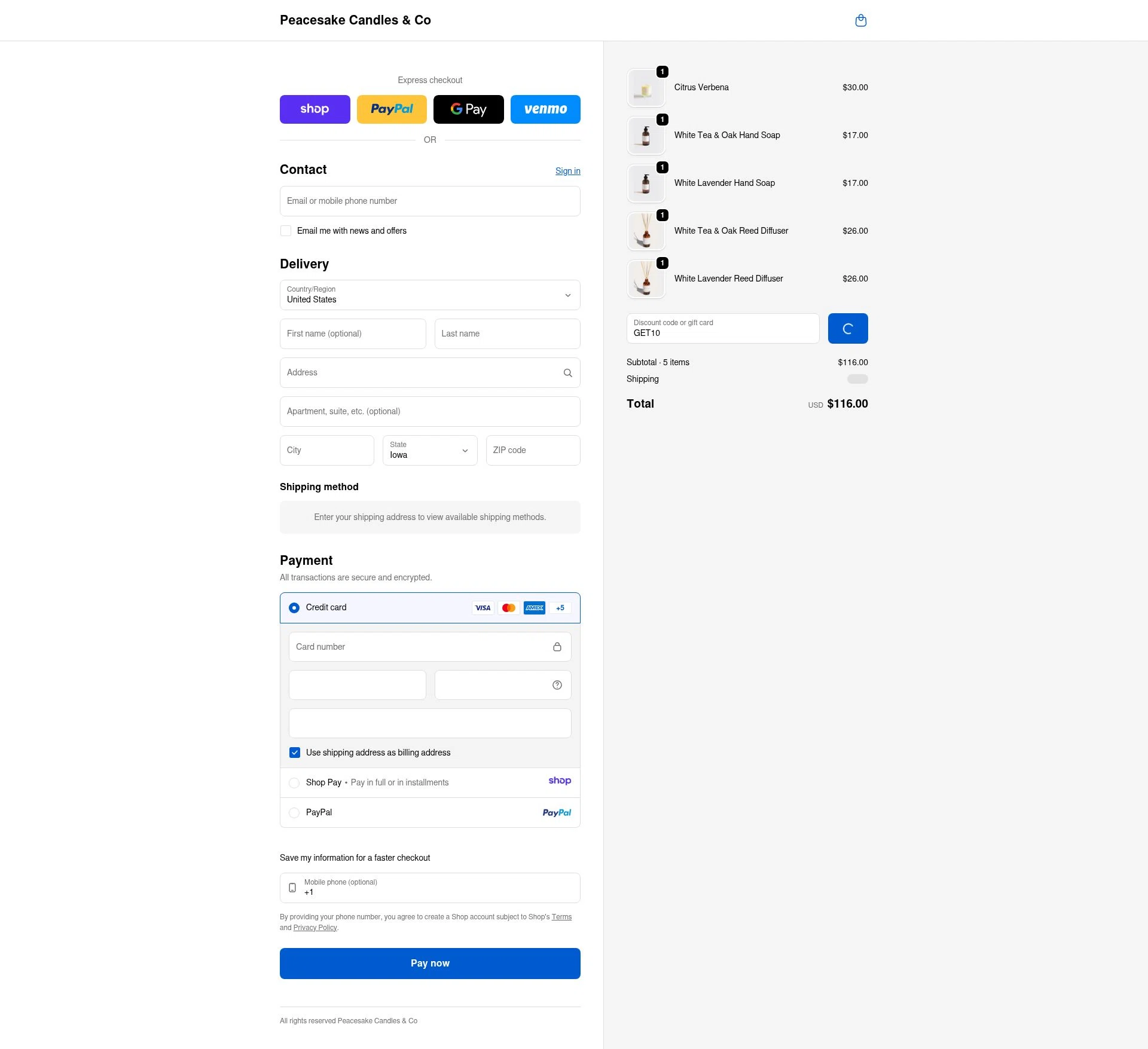 Peacesake Candles & Co. checkout page showing Peacesake Candles & Co. promo code box | Screenshot taken by SimplyCodes community member on Jan 10, 2026