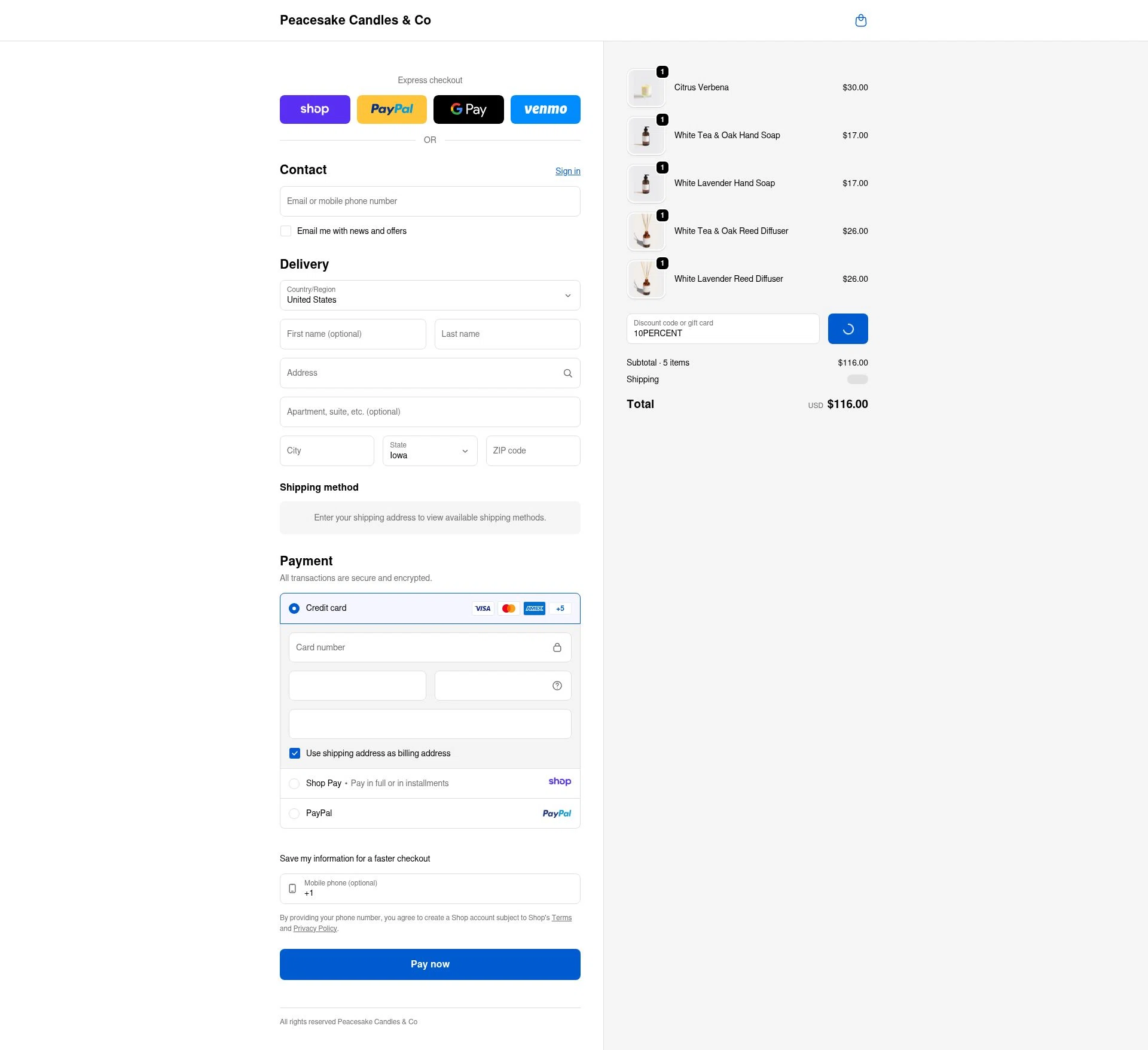 Peacesake Candles & Co. checkout page showing Peacesake Candles & Co. promo code box | Screenshot taken by SimplyCodes community member on Jan 10, 2026
