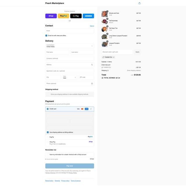 Peach Marketplace checkout page showing Peach Marketplace discount code box | Screenshot taken by SimplyCodes community member on Sep 11, 2025