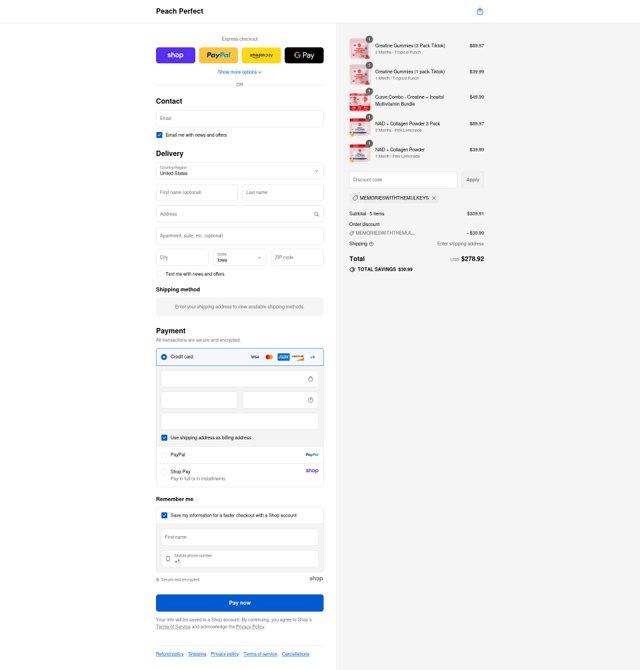 Peach Perfect checkout page showing Peach Perfect discount code box | Screenshot taken by SimplyCodes community member on Sep 8, 2025