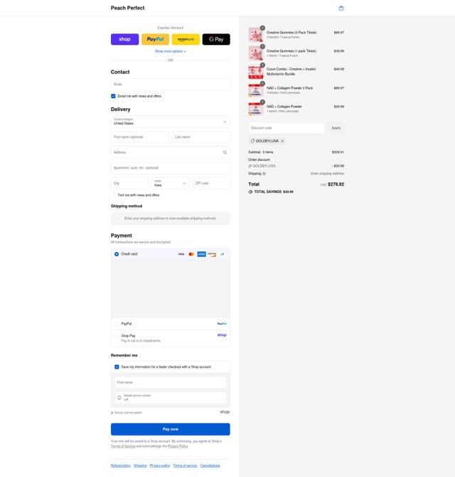 Peach Perfect checkout page showing Peach Perfect discount code box | Screenshot taken by SimplyCodes community member on Sep 8, 2025