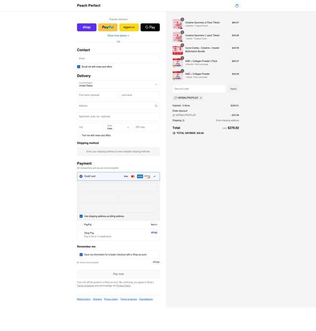 Peach Perfect checkout page showing Peach Perfect discount code box | Screenshot taken by SimplyCodes community member on Sep 8, 2025