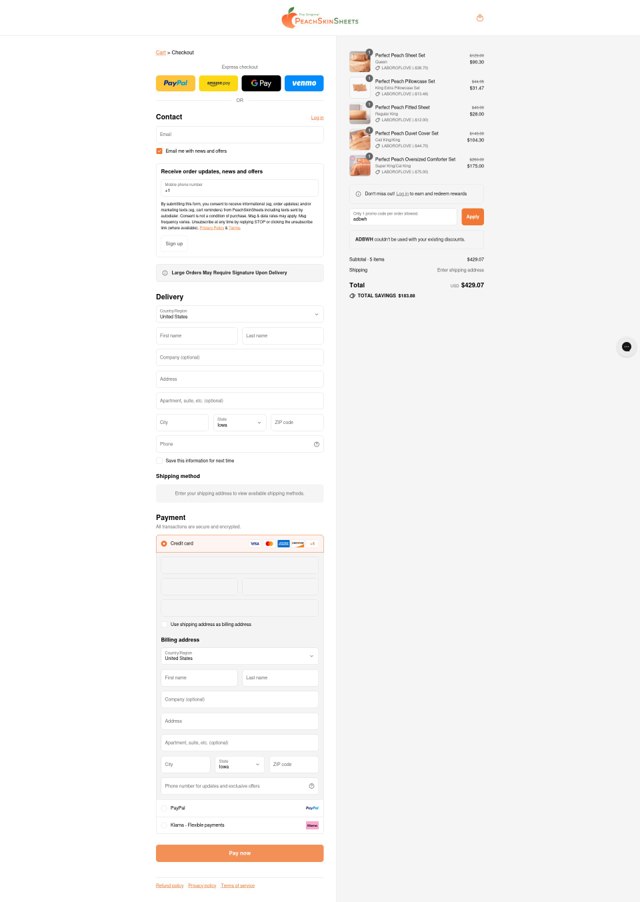 PeachSkinSheets checkout page showing PeachSkinSheets promo code box | Screenshot taken by SimplyCodes community member on Sep 4, 2025