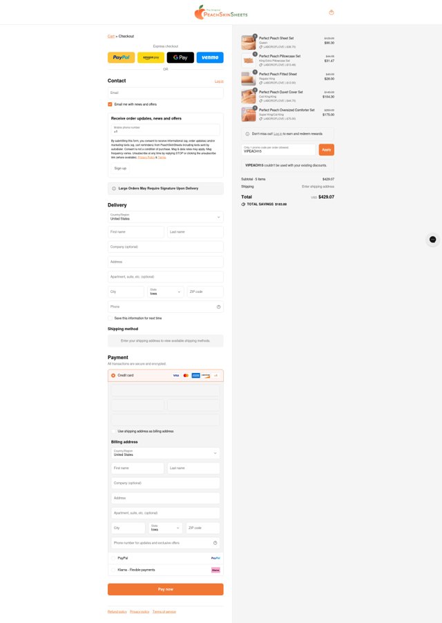 PeachSkinSheets checkout page showing PeachSkinSheets promo code box | Screenshot taken by SimplyCodes community member on Sep 4, 2025