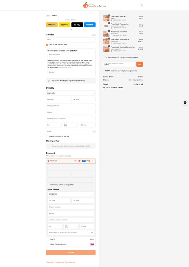 PeachSkinSheets checkout page showing PeachSkinSheets promo code box | Screenshot taken by SimplyCodes community member on Sep 4, 2025