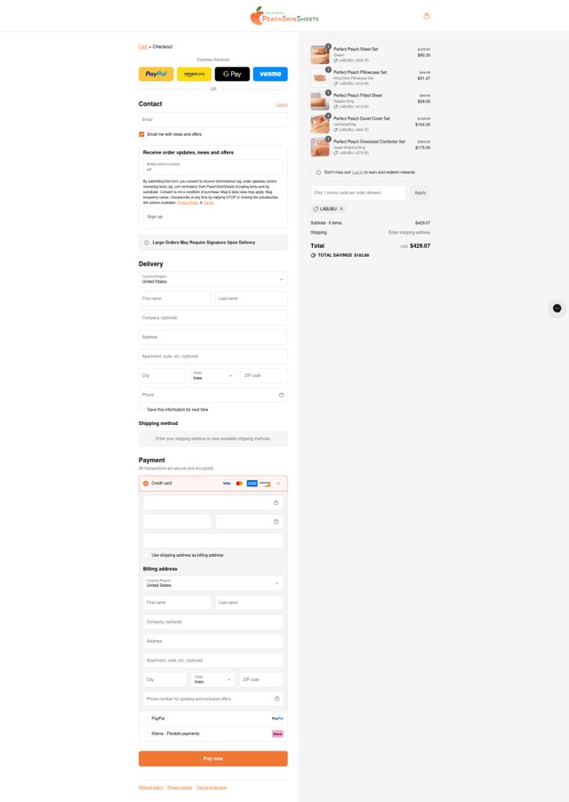 PeachSkinSheets checkout page showing PeachSkinSheets promo code box | Screenshot taken by SimplyCodes community member on Sep 4, 2025