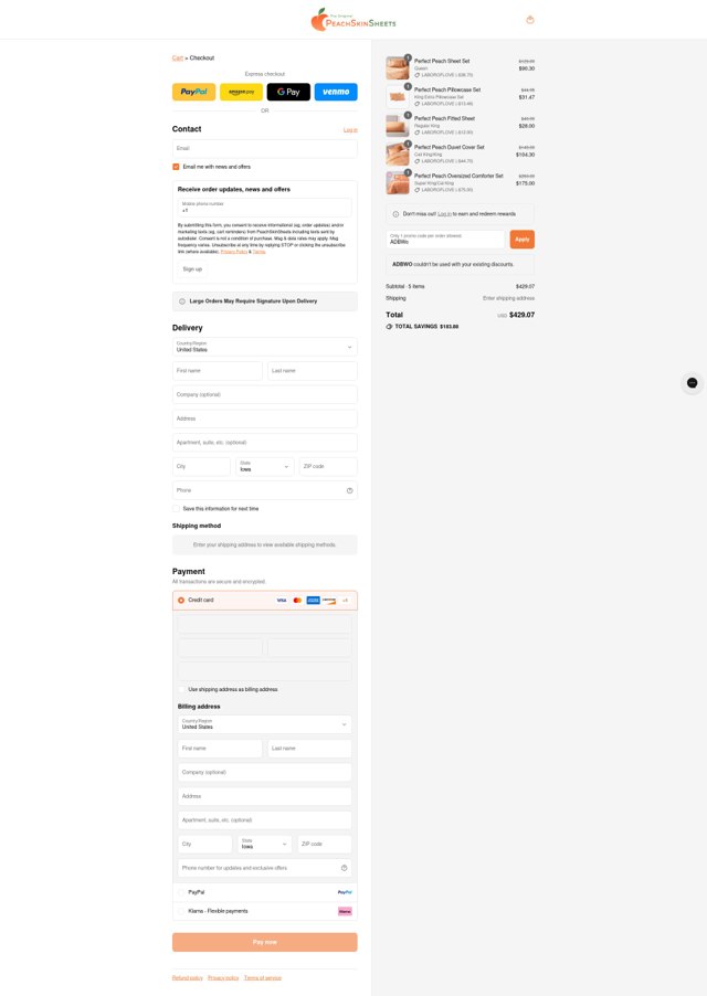 PeachSkinSheets checkout page showing PeachSkinSheets promo code box | Screenshot taken by SimplyCodes community member on Sep 4, 2025