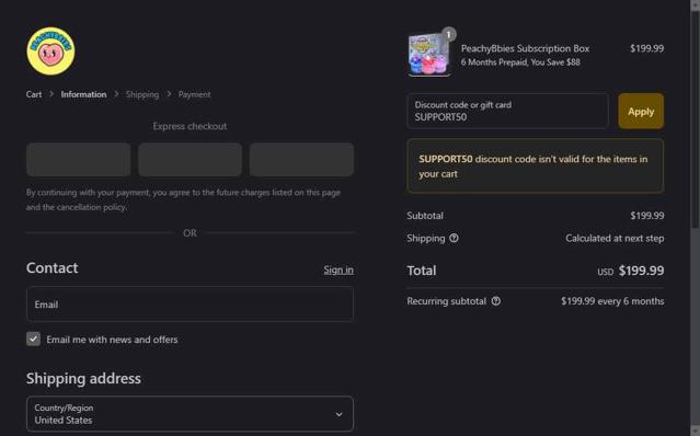 PeachyBbies checkout page showing PeachyBbies discount code box | Screenshot taken by SimplyCodes community member on Sep 16, 2025