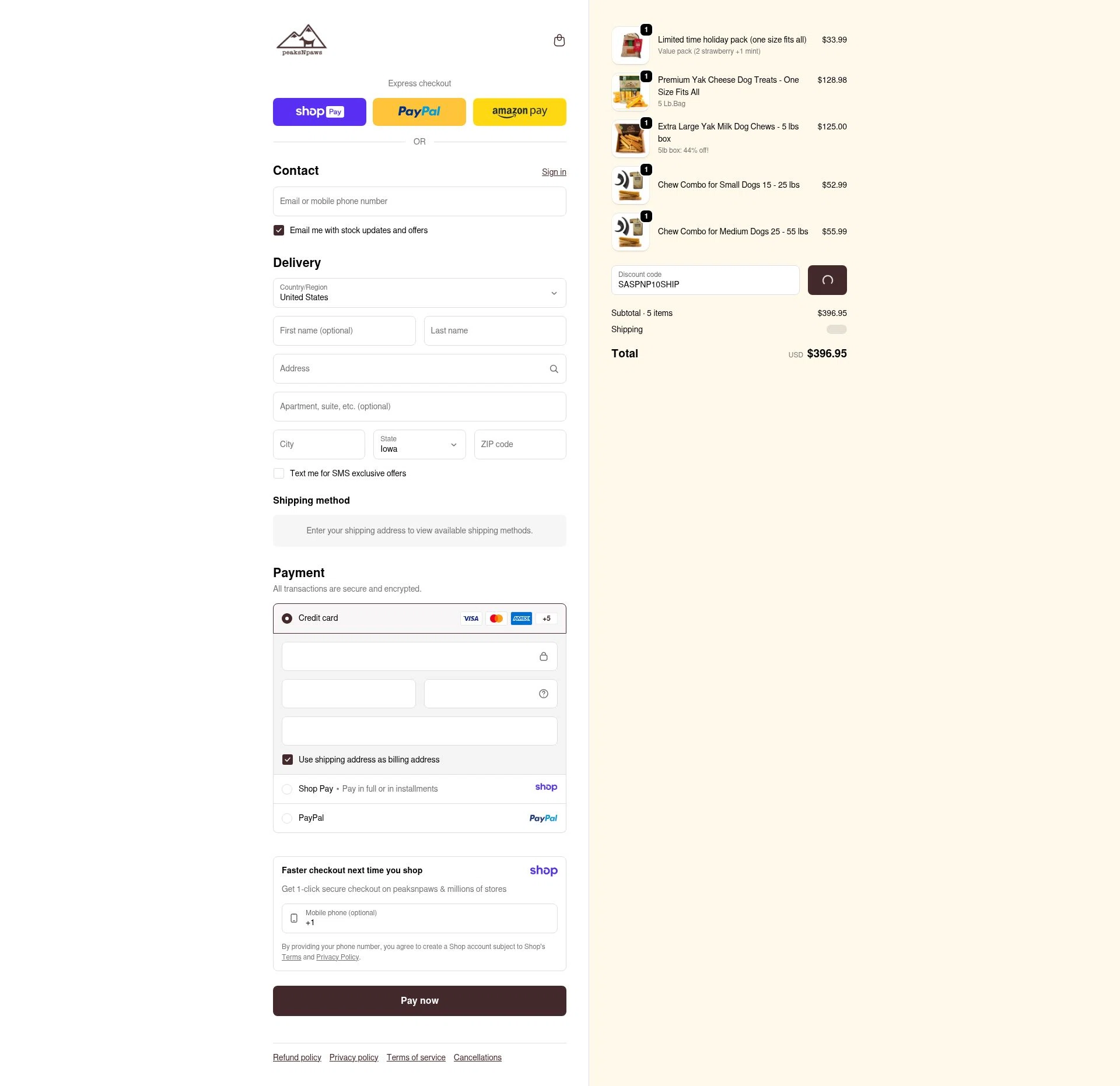 PeaksnPaws checkout page showing PeaksnPaws promo code box | Screenshot taken by SimplyCodes community member on Jan 10, 2026