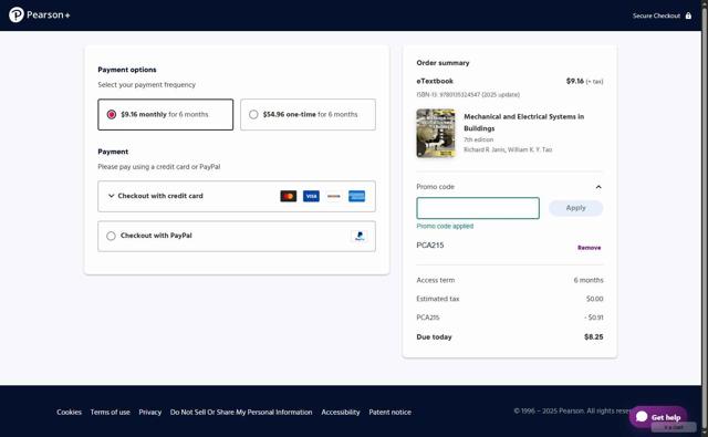 Pearson checkout page showing Pearson promo code box | Screenshot taken by SimplyCodes community member on Sep 18, 2025