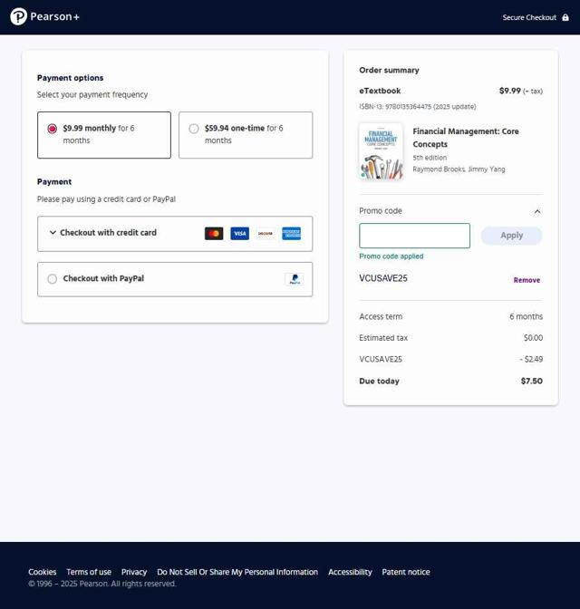 Pearson checkout page showing Pearson promo code box | Screenshot taken by SimplyCodes community member on Oct 5, 2025