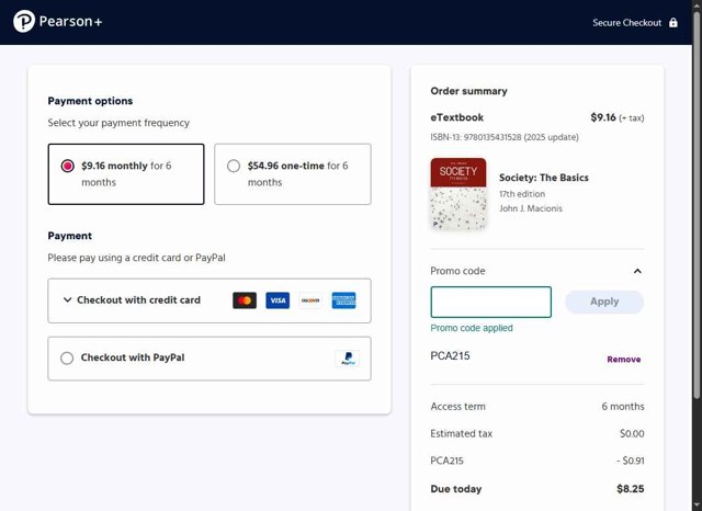Pearson checkout page showing Pearson promo code box | Screenshot taken by SimplyCodes community member on Sep 1, 2025