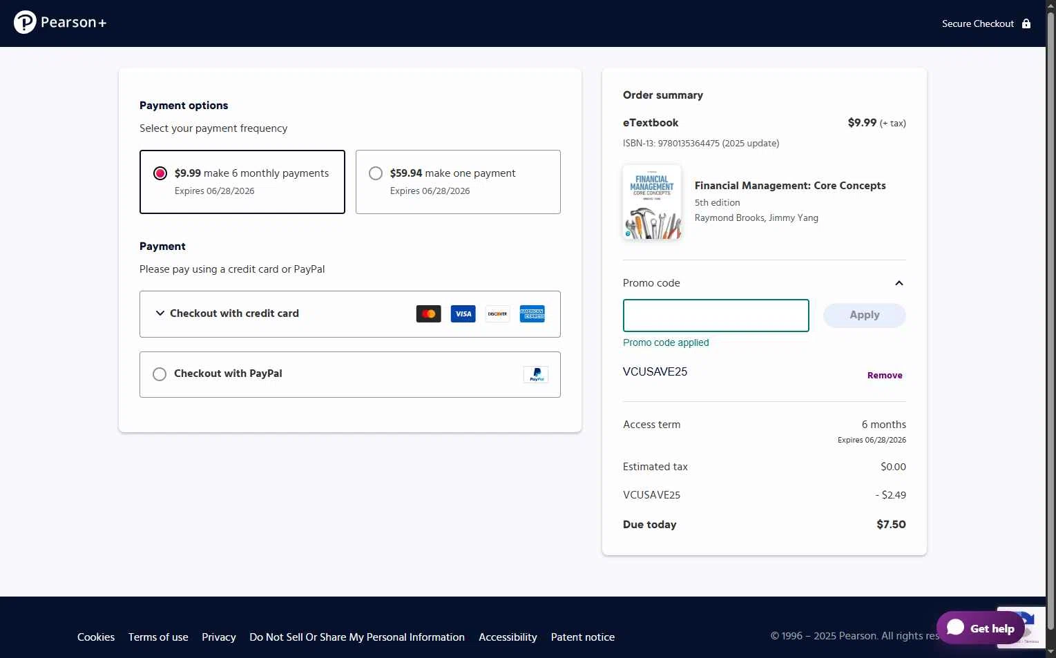 Pearson checkout page showing Pearson promo code box | Screenshot taken by SimplyCodes community member on Dec 29, 2025