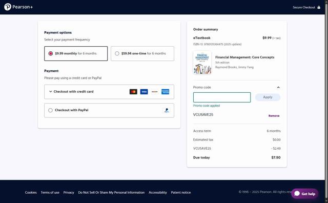 Pearson checkout page showing Pearson promo code box | Screenshot taken by SimplyCodes community member on Sep 29, 2025