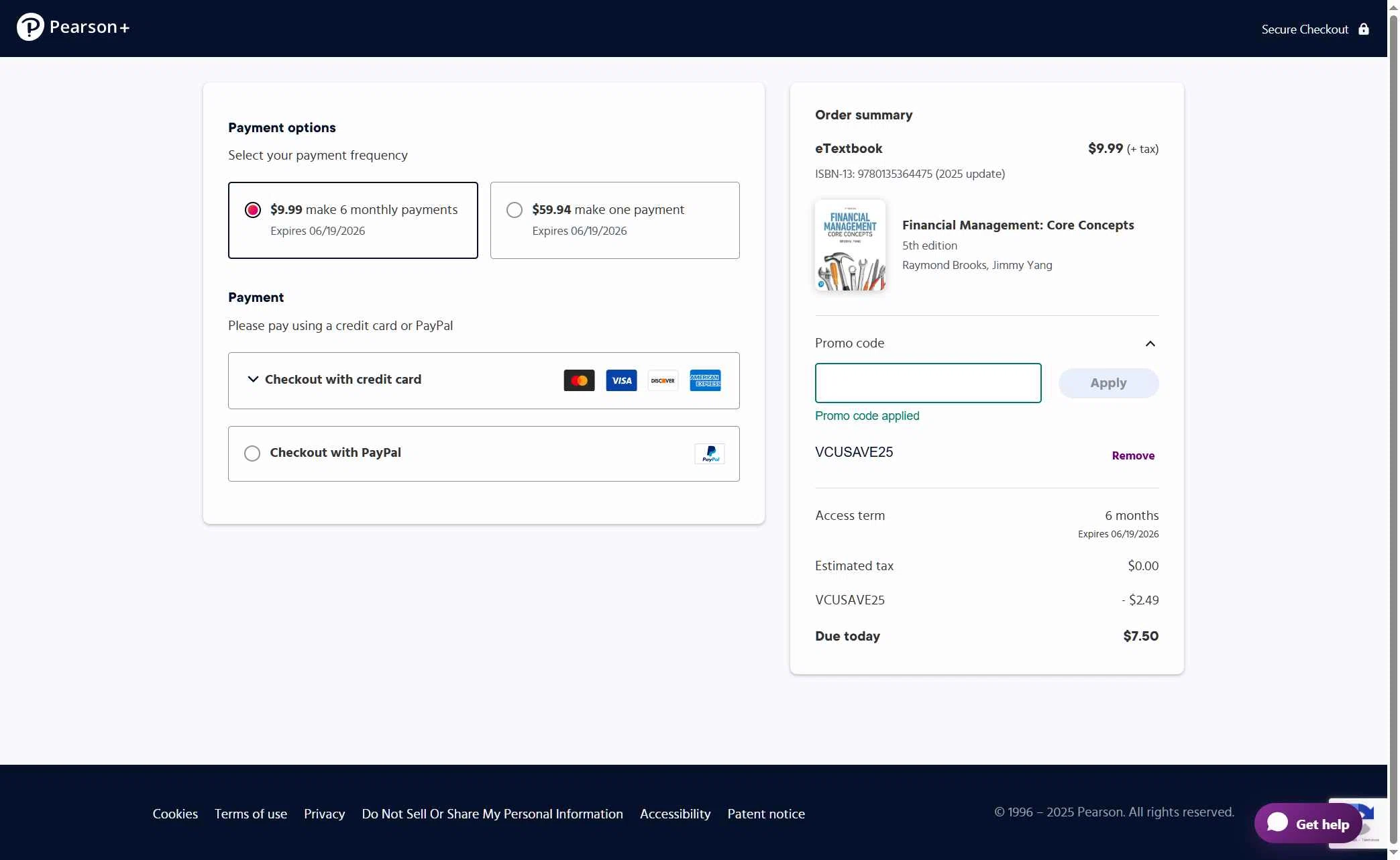 Pearson checkout page showing Pearson promo code box | Screenshot taken by SimplyCodes community member on Dec 19, 2025