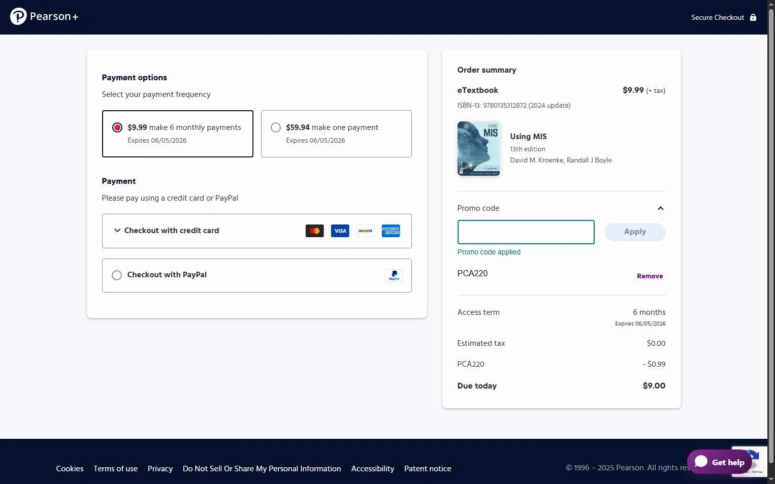 Pearson checkout page showing Pearson promo code box | Screenshot taken by SimplyCodes community member on Dec 5, 2025