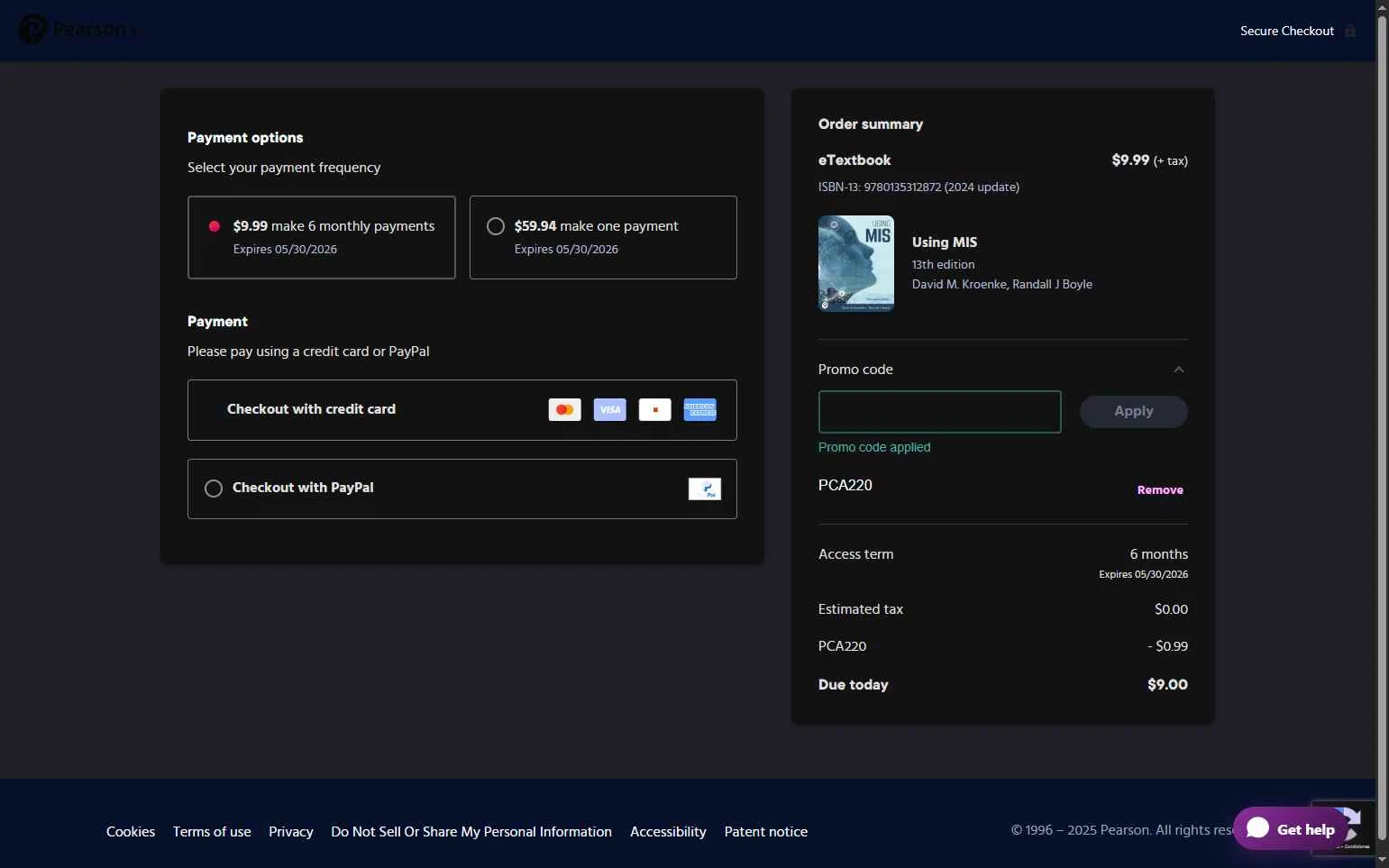 Pearson checkout page showing Pearson promo code box | Screenshot taken by SimplyCodes community member on Dec 1, 2025