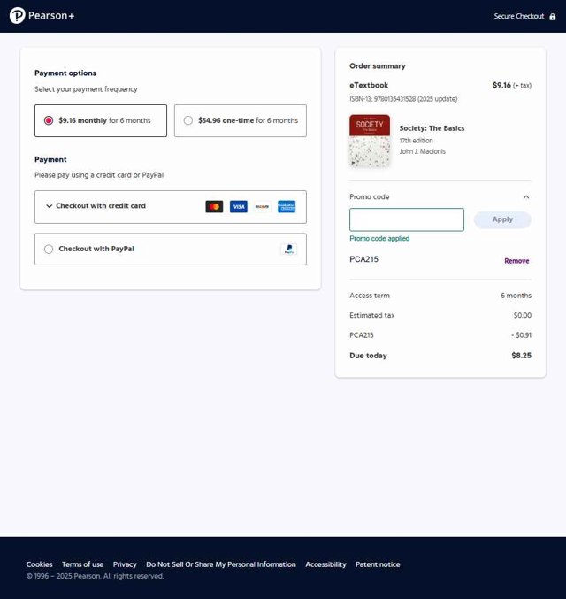 Pearson checkout page showing Pearson promo code box | Screenshot taken by SimplyCodes community member on Sep 1, 2025
