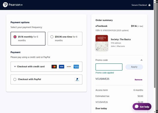 Pearson+ checkout page showing Pearson+ promo code box | Screenshot taken by SimplyCodes community member on Aug 13, 2025