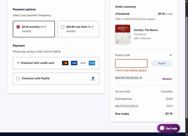 Pearson+ checkout page showing Pearson+ promo code box | Screenshot taken by SimplyCodes community member on Sep 1, 2025