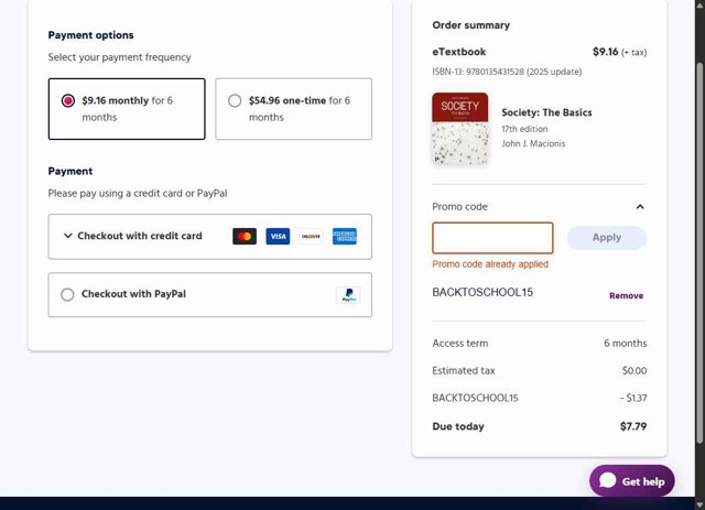 Pearson+ checkout page showing Pearson+ promo code box | Screenshot taken by SimplyCodes community member on Sep 1, 2025
