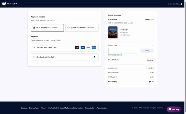 Pearson+ checkout page showing Pearson+ promo code box | Screenshot taken by SimplyCodes community member on Aug 21, 2025