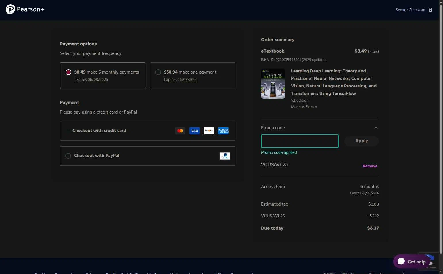 Pearson+ checkout page showing Pearson+ promo code box | Screenshot taken by SimplyCodes community member on Dec 9, 2025