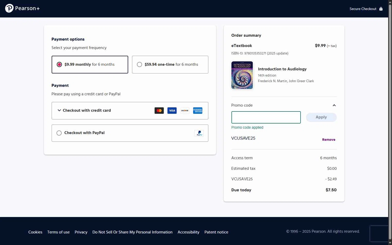 Pearson+ checkout page showing Pearson+ promo code box | Screenshot taken by SimplyCodes community member on Nov 13, 2025