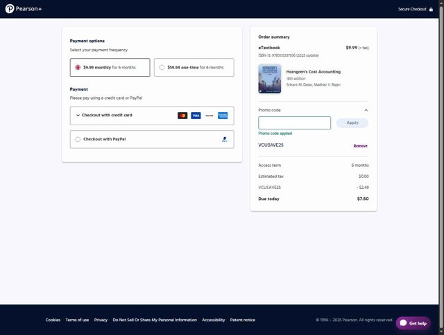 Pearson+ checkout page showing Pearson+ promo code box | Screenshot taken by SimplyCodes community member on Aug 22, 2025