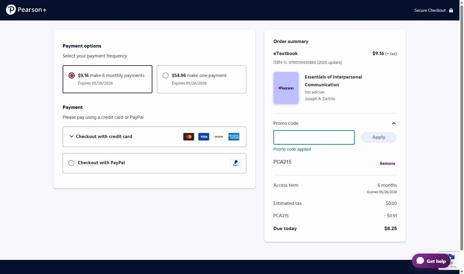 Pearson+ checkout page showing Pearson+ promo code box | Screenshot taken by SimplyCodes community member on Nov 26, 2025