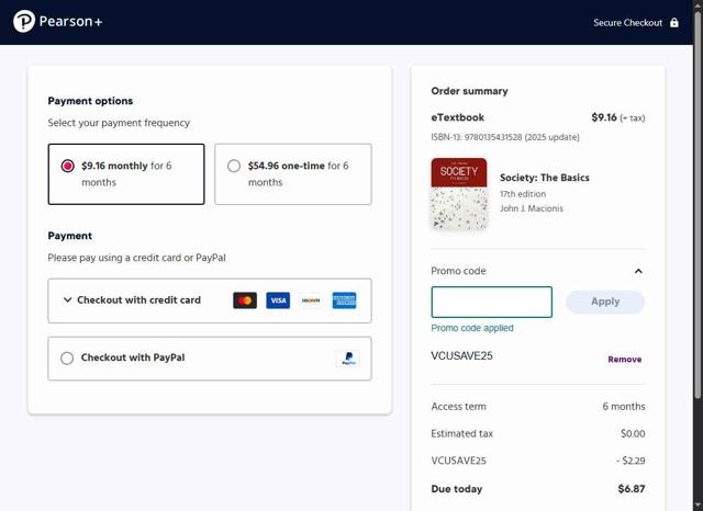 Pearson+ checkout page showing Pearson+ promo code box | Screenshot taken by SimplyCodes community member on Sep 15, 2025