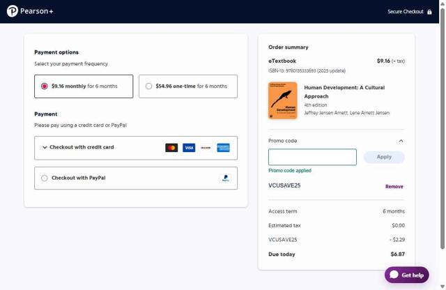 Pearson+ checkout page showing Pearson+ promo code box | Screenshot taken by SimplyCodes community member on Sep 4, 2025