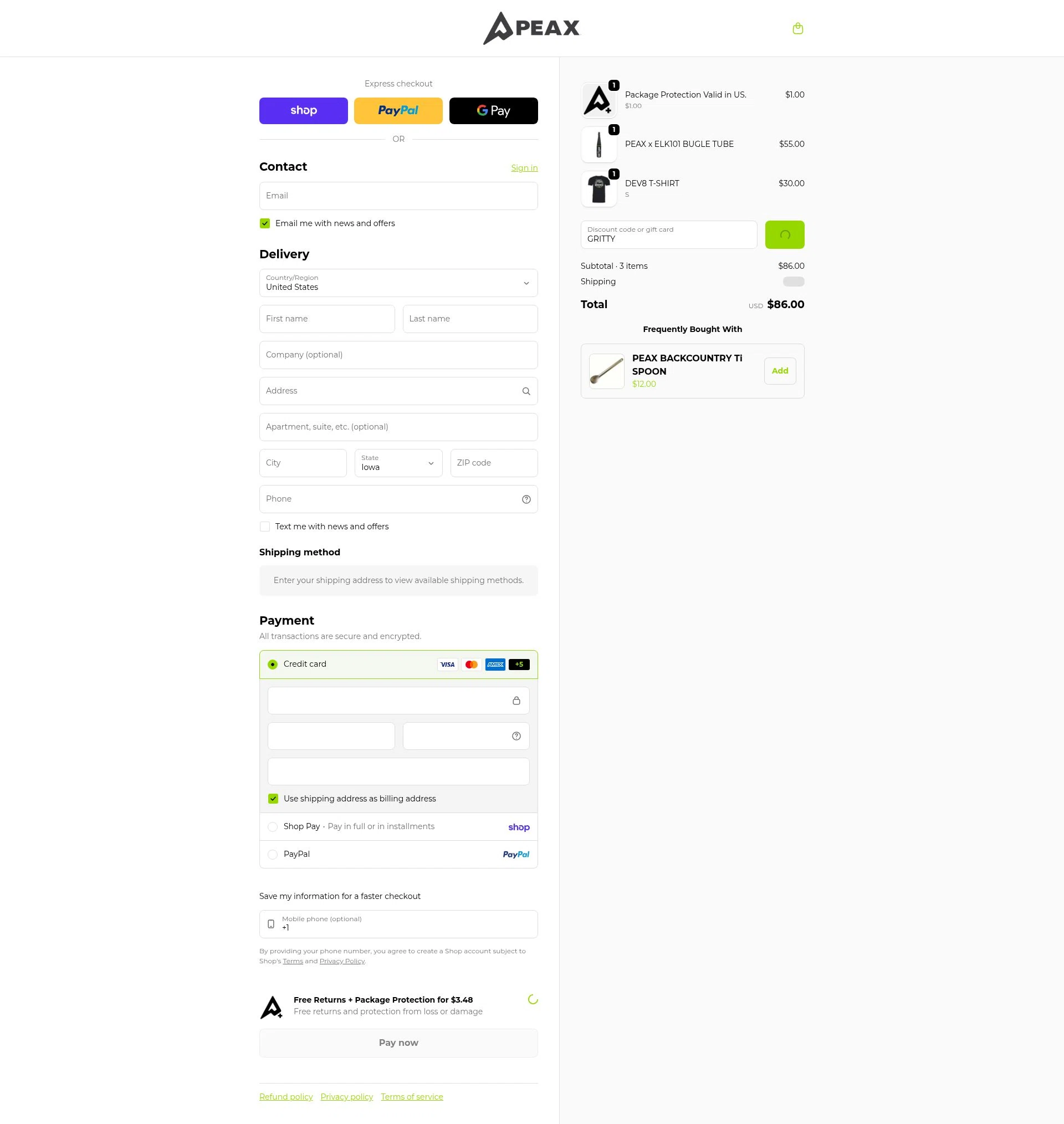 PEAX Equipment checkout page showing PEAX Equipment discount code box | Screenshot taken by SimplyCodes community member on Feb 21, 2026