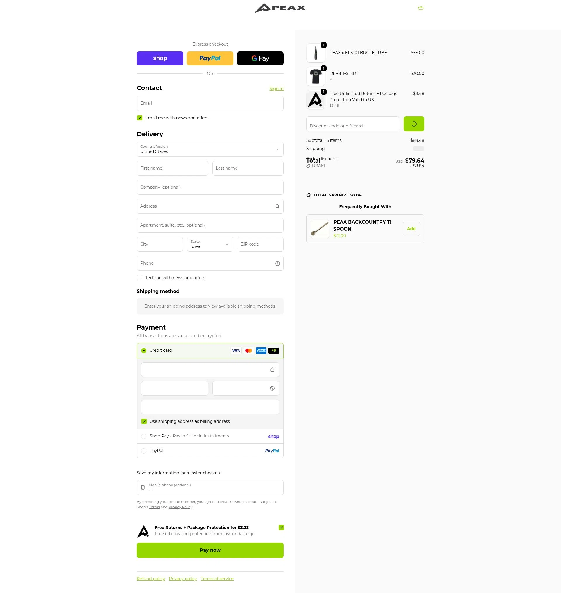 PEAX Equipment checkout page showing PEAX Equipment discount code box | Screenshot taken by SimplyCodes community member on Feb 21, 2026
