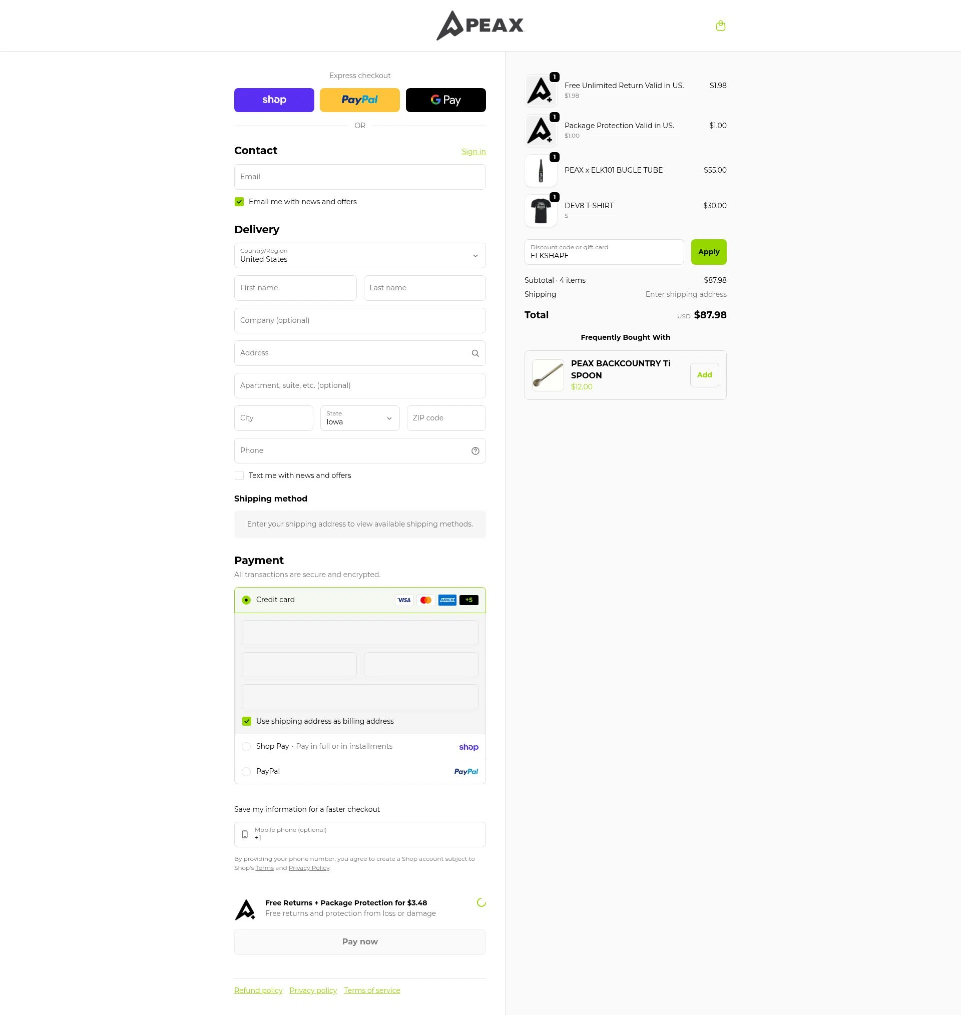 PEAX Equipment checkout page showing PEAX Equipment discount code box | Screenshot taken by SimplyCodes community member on Feb 21, 2026