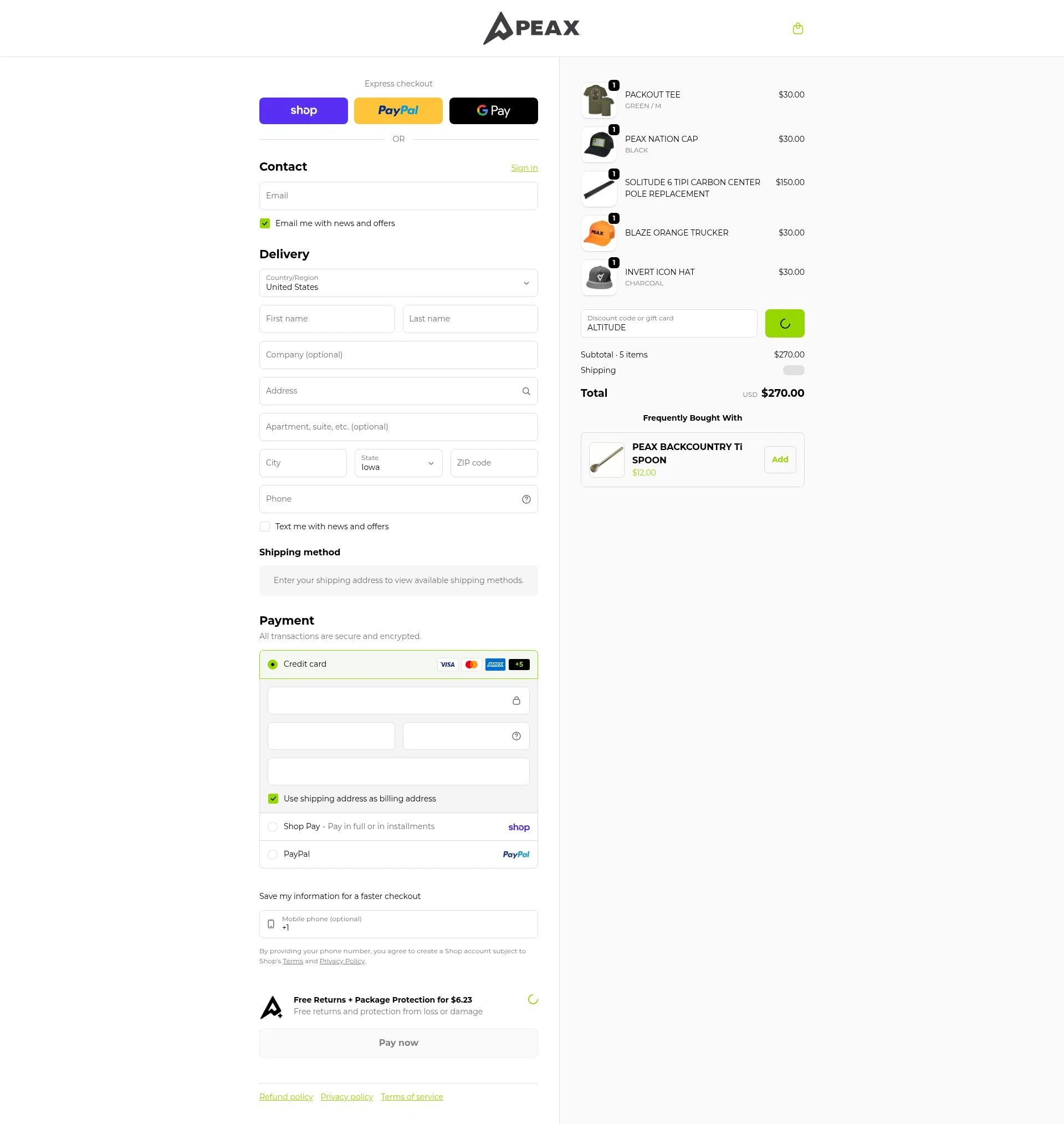 PEAX Equipment checkout page showing PEAX Equipment discount code box | Screenshot taken by SimplyCodes community member on Feb 16, 2026