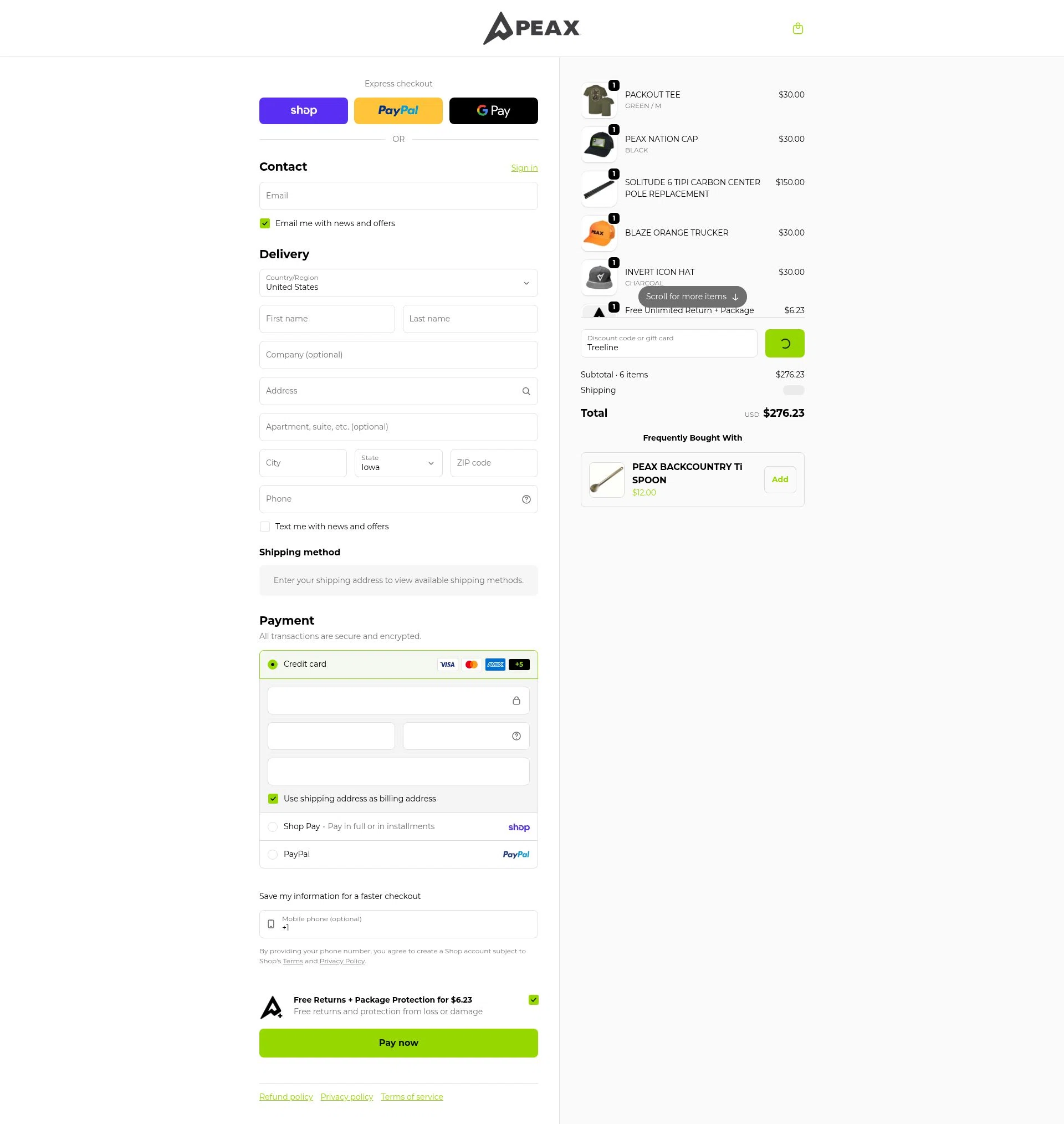 PEAX Equipment checkout page showing PEAX Equipment discount code box | Screenshot taken by SimplyCodes community member on Feb 16, 2026