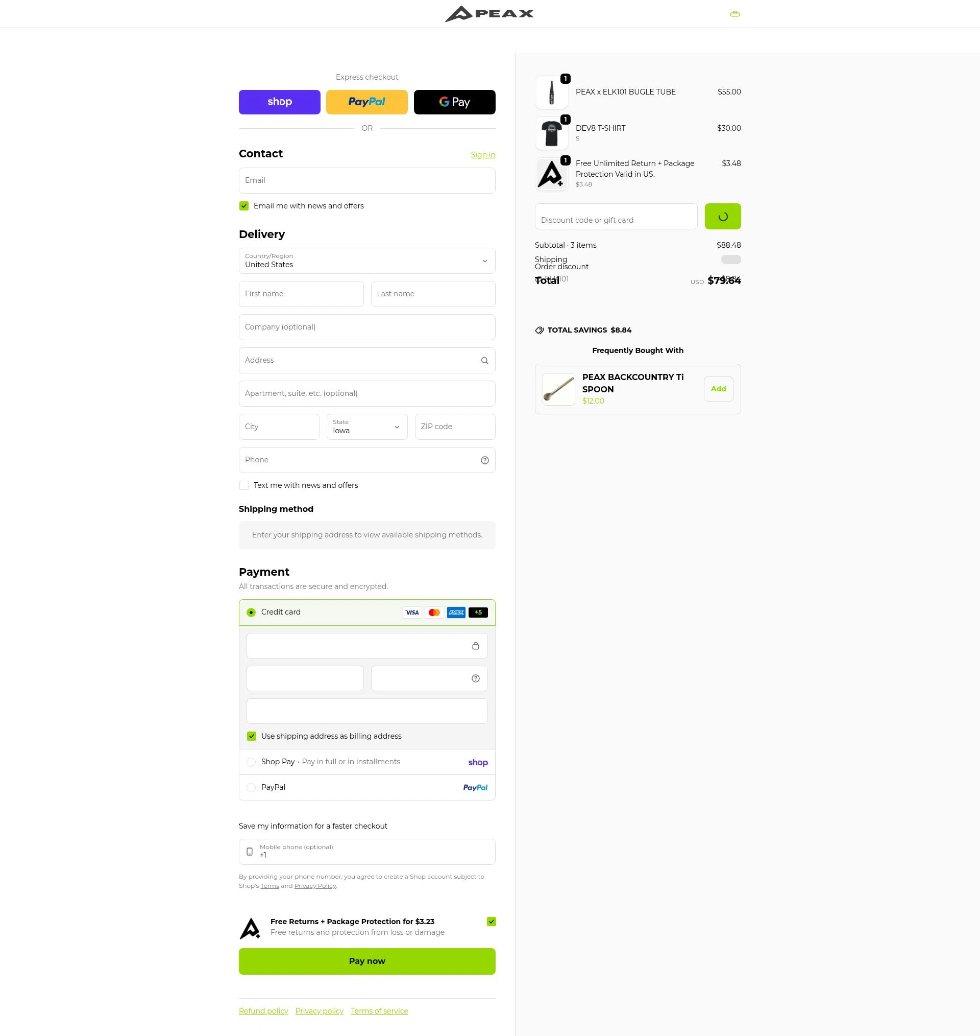PEAX Equipment checkout page showing PEAX Equipment discount code box | Screenshot taken by SimplyCodes community member on Feb 21, 2026
