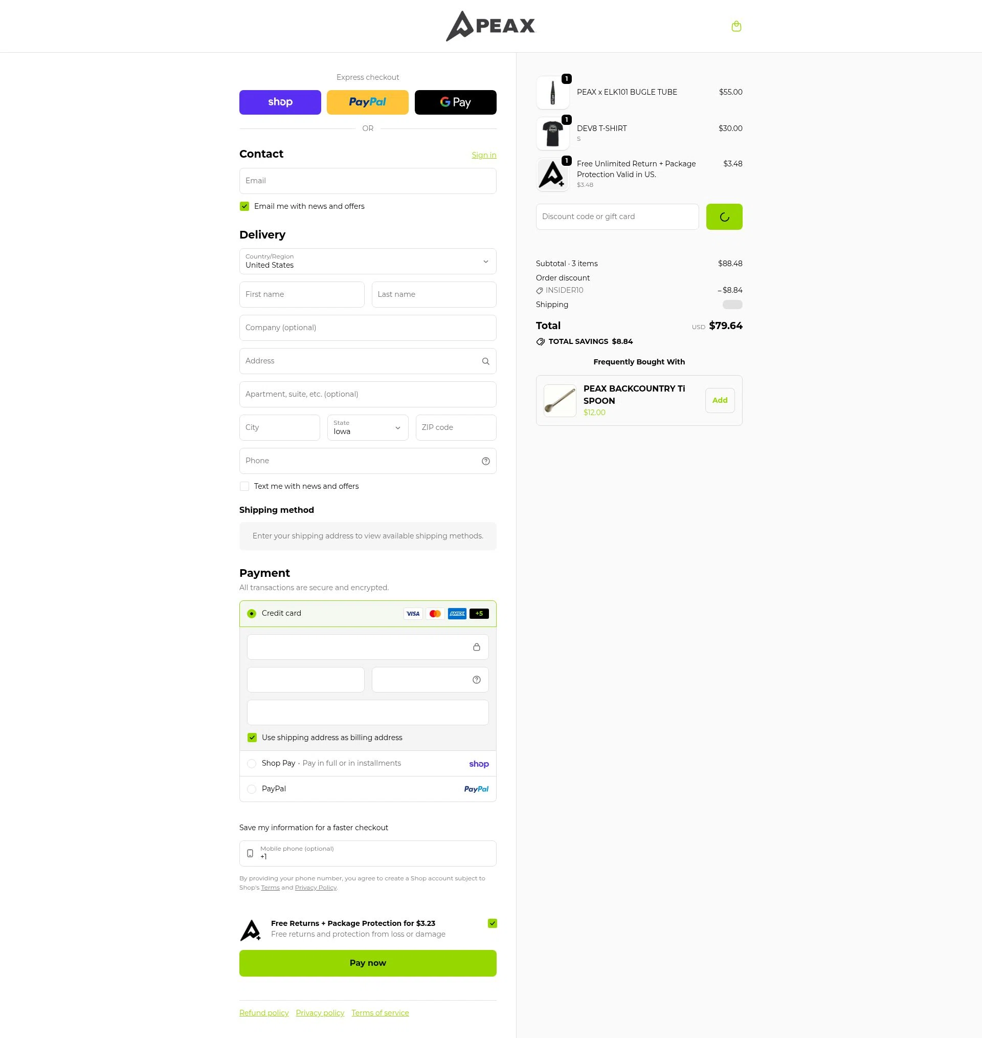 PEAX Equipment checkout page showing PEAX Equipment discount code box | Screenshot taken by SimplyCodes community member on Feb 21, 2026