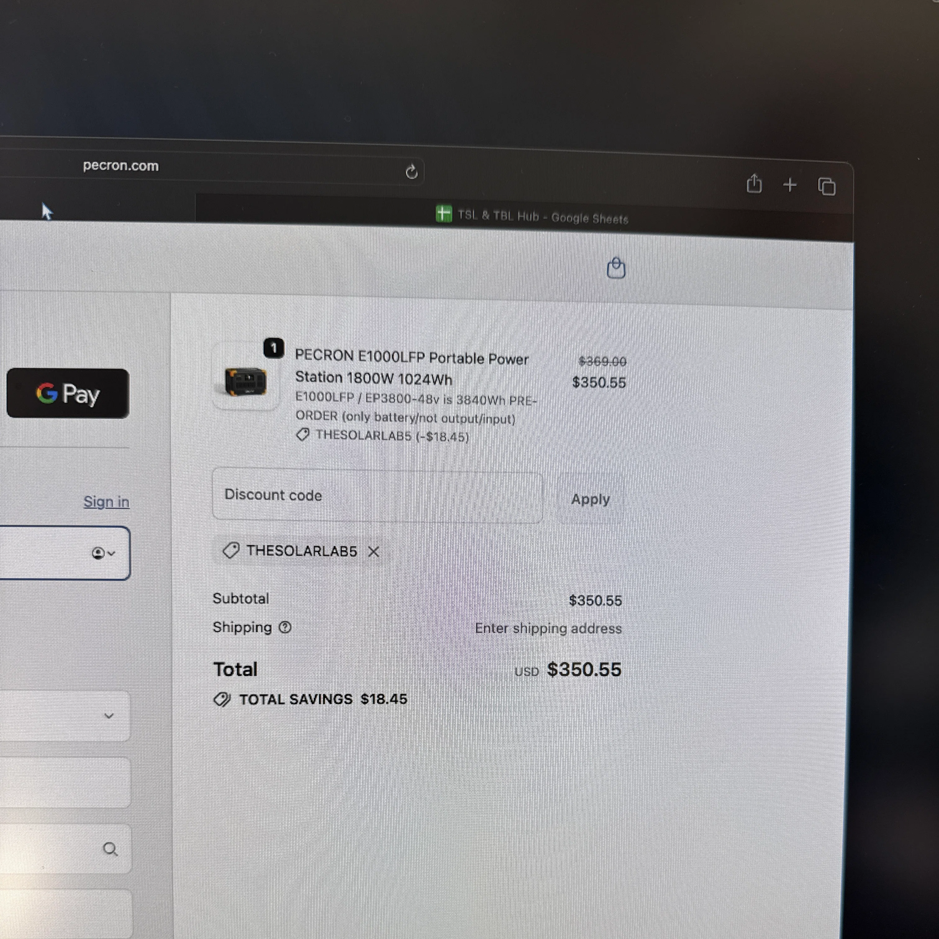Pecron discount code screenshot showing code THESOLARLAB5 applied at Pecron checkout page. Uploaded by SimplyCodes community member TreasureWarden6065 on Feb 17, 2026