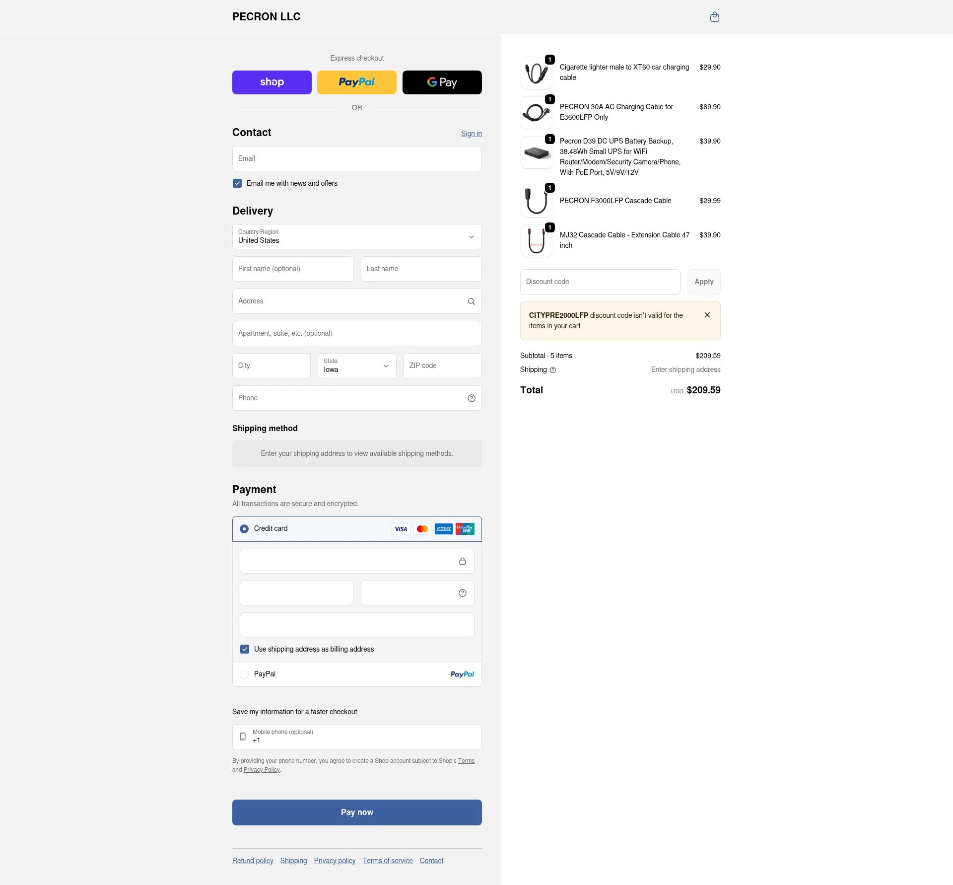 Pecron checkout page showing Pecron discount code box | Screenshot taken by SimplyCodes community member on Feb 20, 2026